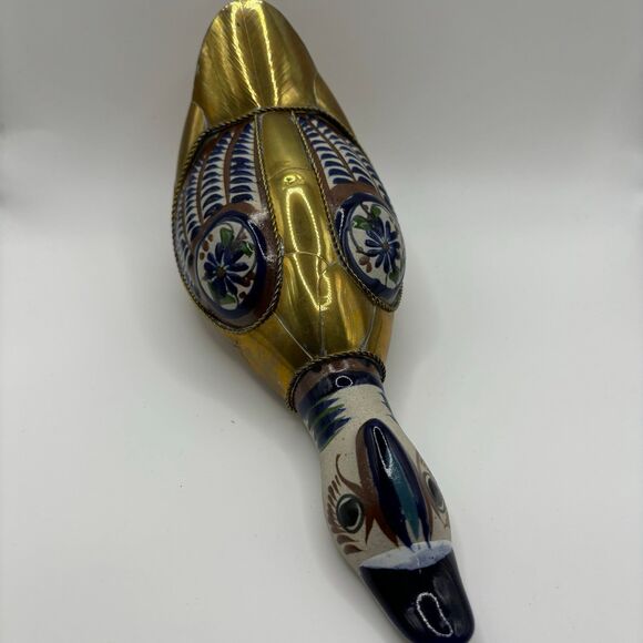 Duck VTG Brass Hand Painted Porcelain Ceramic Folk Art Tonala Mexico Cobalt Blue